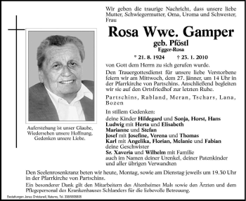 Traueranzeige von Rosa Gamper von Dolomiten