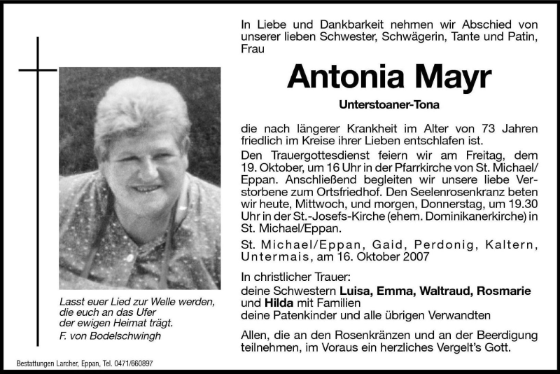  Traueranzeige für Antonia Mayr vom 17.10.2007 aus Dolomiten