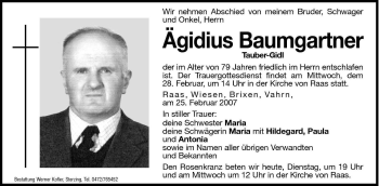 Traueranzeige von Ägidius Baumgartner von Dolomiten