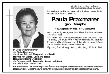 Traueranzeige von Paula Praxmarer von Dolomiten