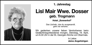 Traueranzeige von Lisl Mair von Dolomiten