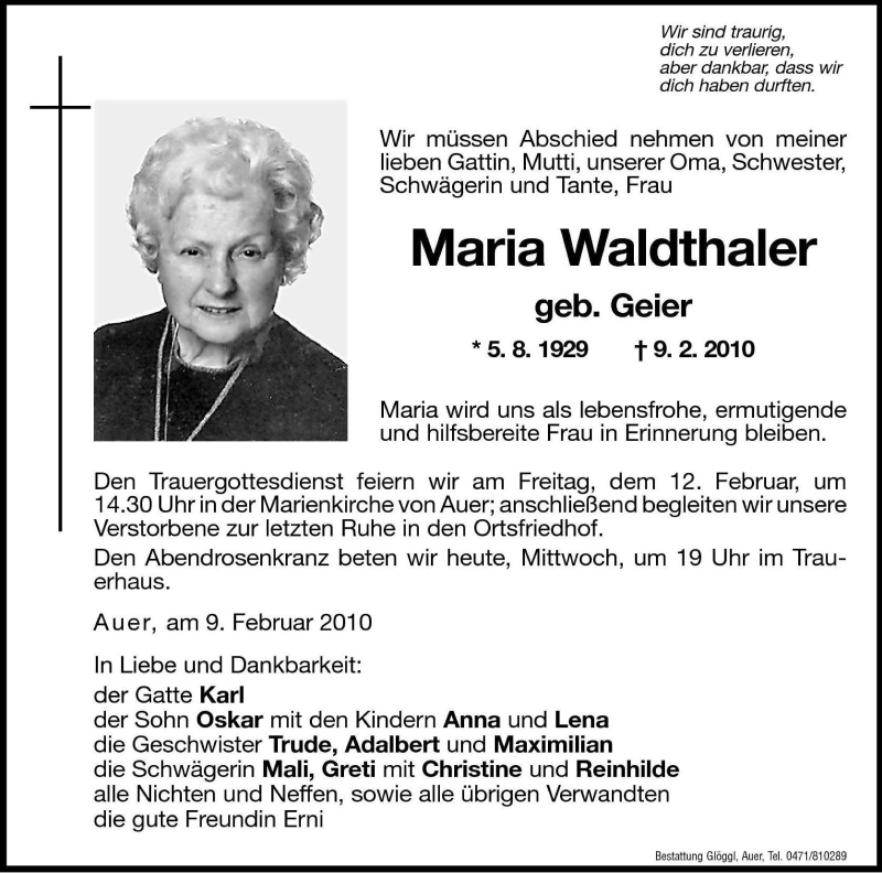  Traueranzeige für Maria Waldthaler vom 10.02.2010 aus Dolomiten