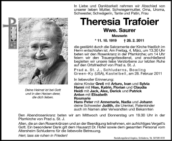 Traueranzeige von Theresia Saurer von Dolomiten