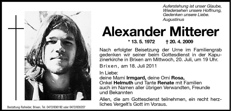  Traueranzeige für Alexander Mitterer vom 18.07.2011 aus Dolomiten