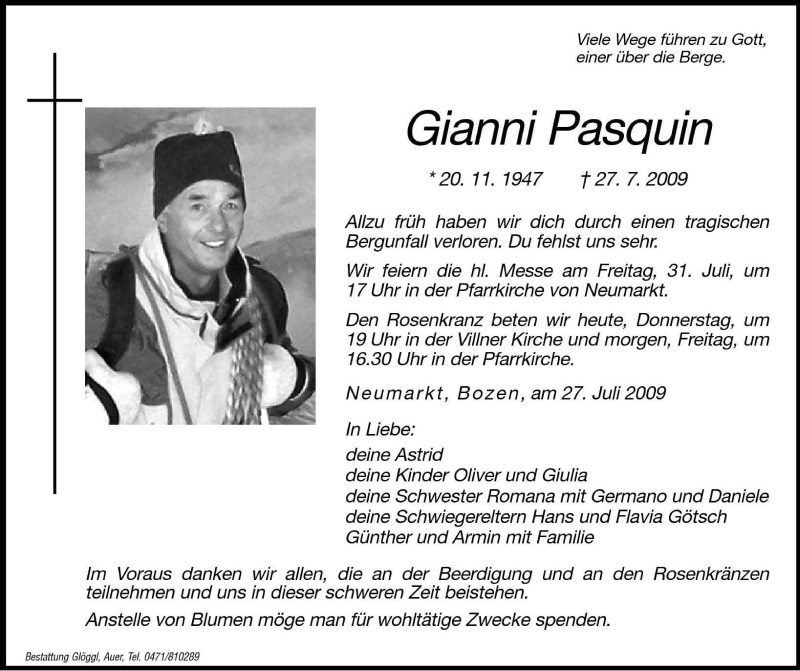  Traueranzeige für Gianni Pasquin vom 30.07.2009 aus Dolomiten