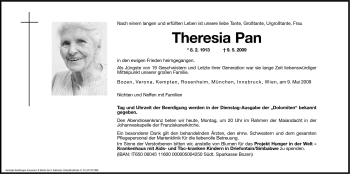 Traueranzeige von Theresia Pan von Dolomiten