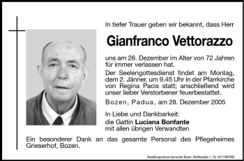 Traueranzeige von Gianfranco Vettorazzo von Dolomiten