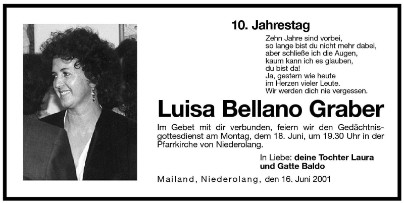  Traueranzeige für Luisa Bellano vom 16.06.2001 aus Dolomiten