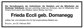 Traueranzeige von Frieda Eccli von Dolomiten