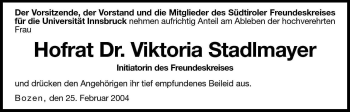 Traueranzeige von Viktoria Stadlmayer von Dolomiten
