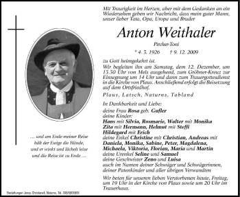 Traueranzeige von Anton Weithaler von Dolomiten