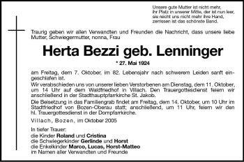 Traueranzeige von Herta Bezzi von Dolomiten