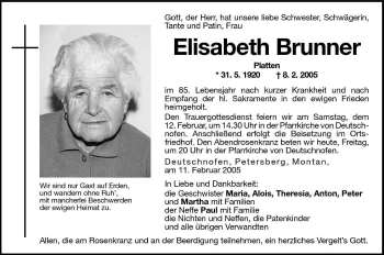 Traueranzeige von Elisabeth Brunner von Dolomiten