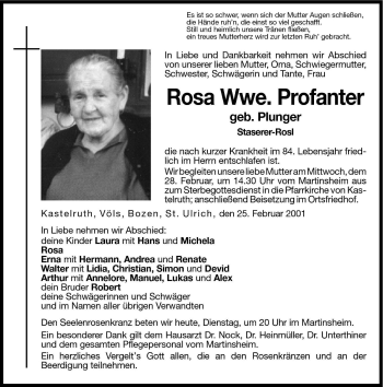 Traueranzeige von Rosa Profanter von Dolomiten