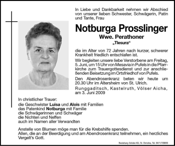 Traueranzeige von Notburga Perathoner von Dolomiten