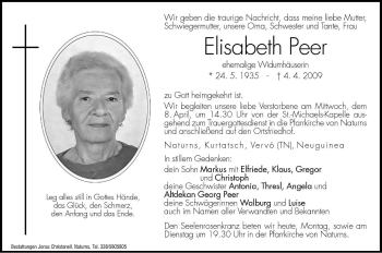 Traueranzeige von Elisabeth Peer von Dolomiten