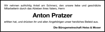 Traueranzeige von Anton Pratzer von Dolomiten