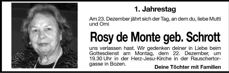  Traueranzeige für Rosy de Monte vom 20.12.2008 aus Dolomiten