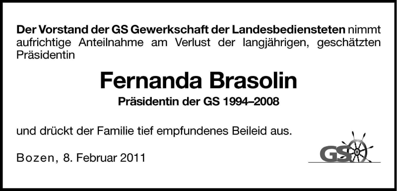  Traueranzeige für Fernanda Brasolin vom 09.02.2011 aus Dolomiten