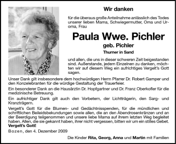 Traueranzeige von Paula Pichler von Dolomiten