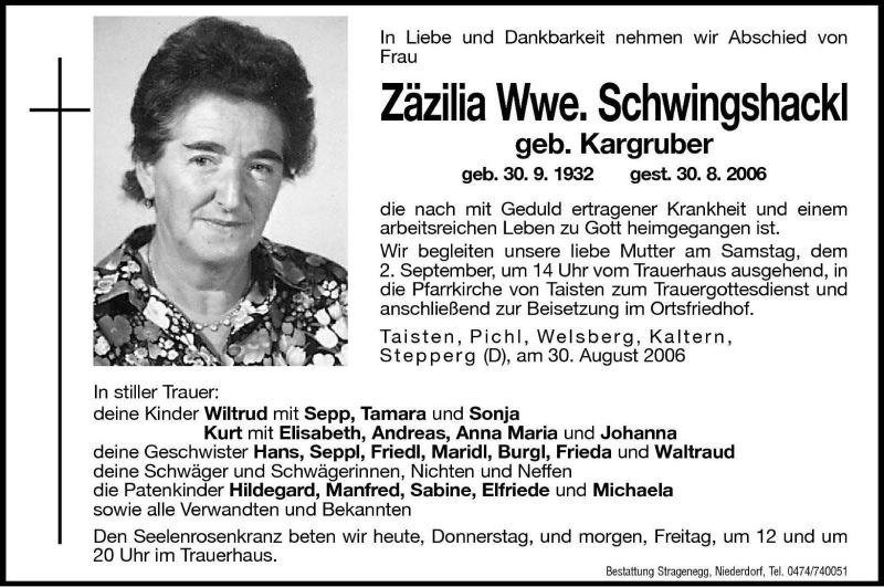  Traueranzeige für Zäzilia Schwingshackl vom 31.08.2006 aus Dolomiten