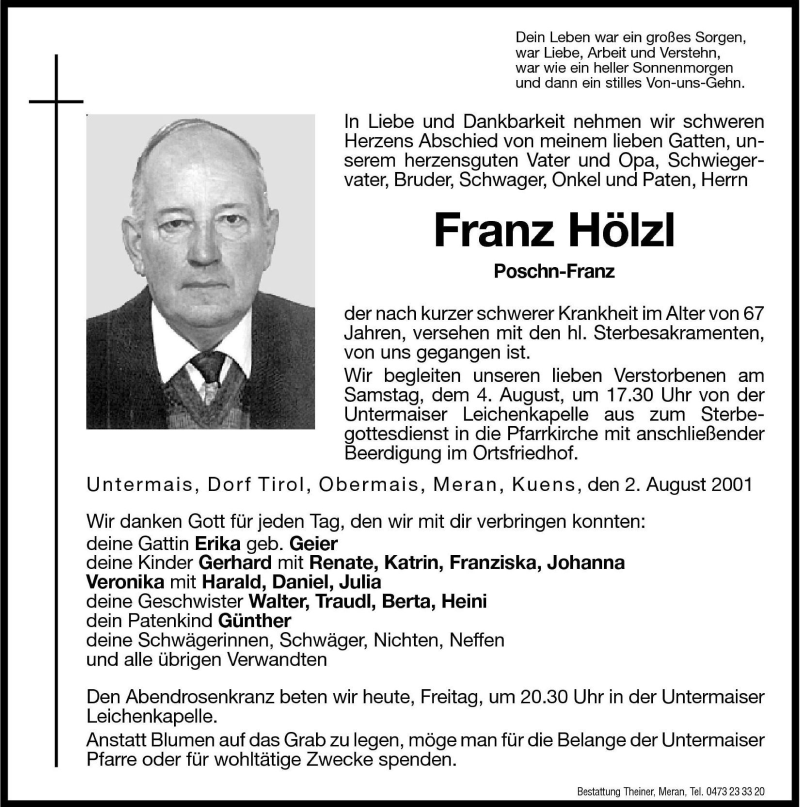  Traueranzeige für Franz Hölzl vom 03.08.2001 aus Dolomiten