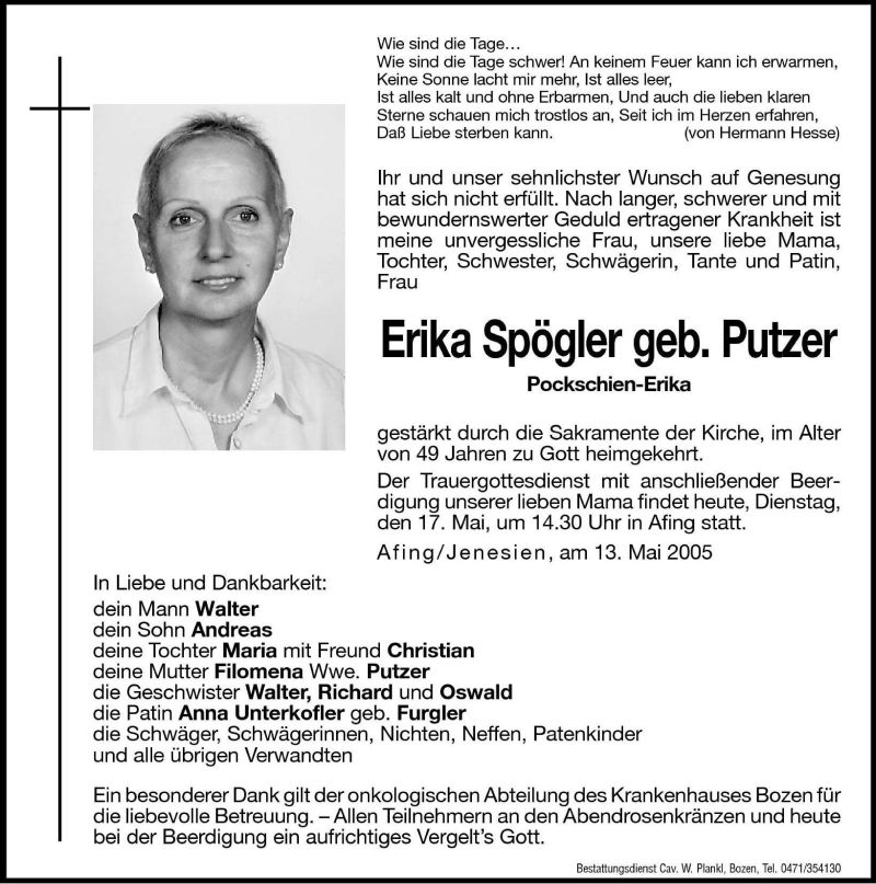  Traueranzeige für Erika Spögler vom 17.05.2005 aus Dolomiten