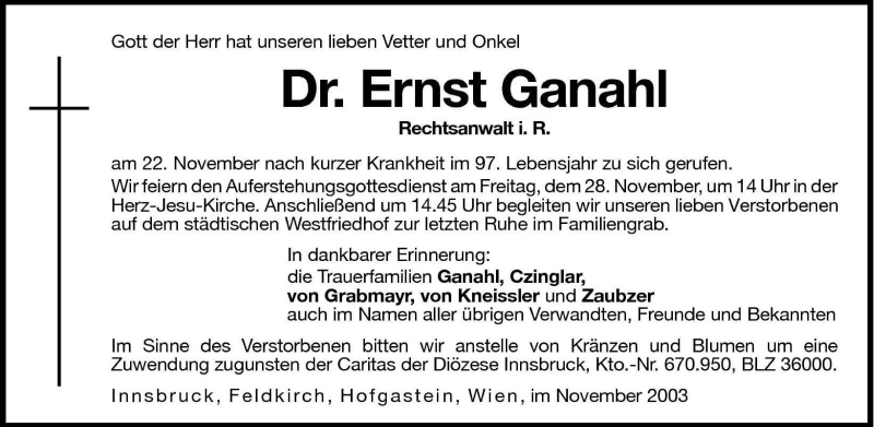  Traueranzeige für Ernst Ganahl vom 26.11.2003 aus Dolomiten