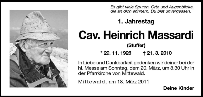  Traueranzeige für Heinrich Massardi vom 18.03.2011 aus Dolomiten