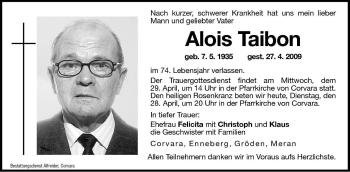 Traueranzeige von Alois Taibon von Dolomiten