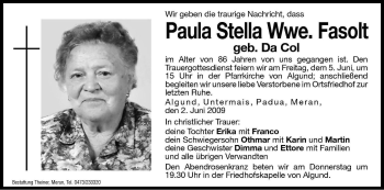 Traueranzeige von Paula Fasolt von Dolomiten