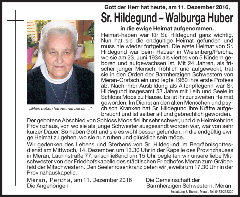  Traueranzeige für Hildegund-Walburga Huber vom 12.12.2016 aus Dolomiten
