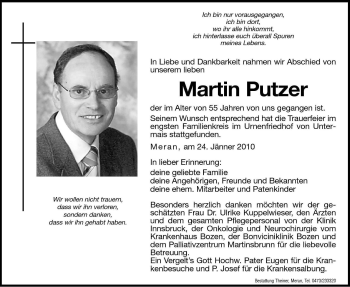 Traueranzeige von Martin Putzer von Dolomiten