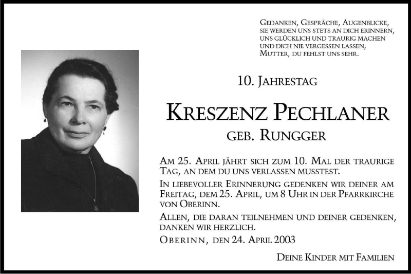  Traueranzeige für Kreszenz Pechlaner vom 24.04.2003 aus Dolomiten