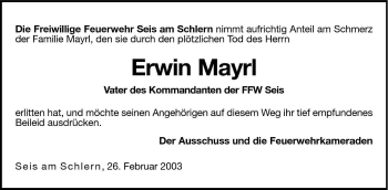 Traueranzeige von Erwin Mayrl von Dolomiten