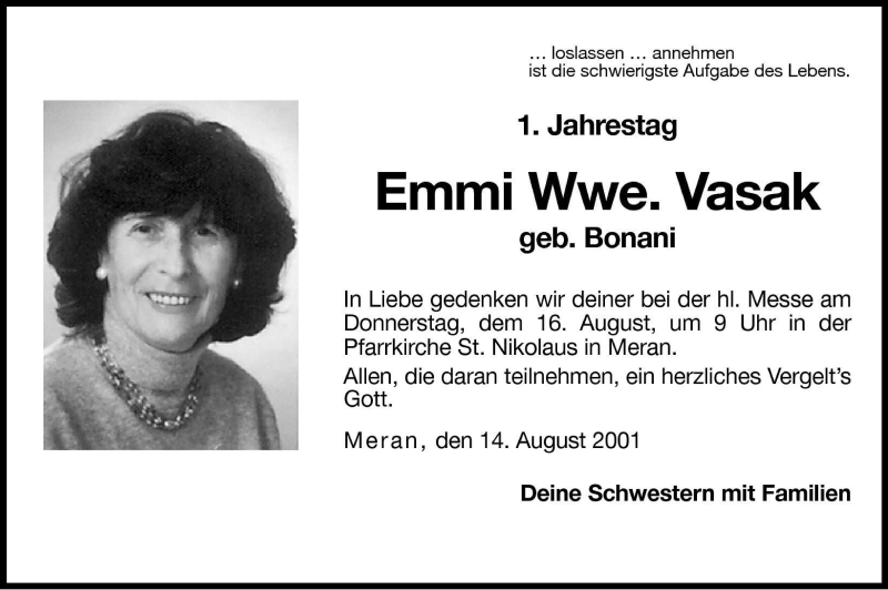  Traueranzeige für Emmi Vasak vom 14.08.2001 aus Dolomiten