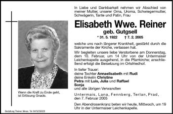 Traueranzeige von Elisabeth Reiner von Dolomiten