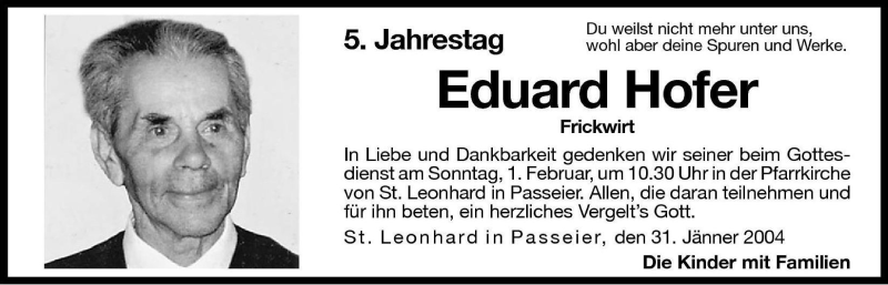  Traueranzeige für Eduard Hofer vom 31.01.2004 aus Dolomiten
