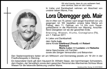 Traueranzeige von Lora Überegger von Dolomiten