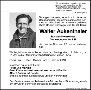 Traueranzeige von Walter Aukenthaler von Dolomiten
