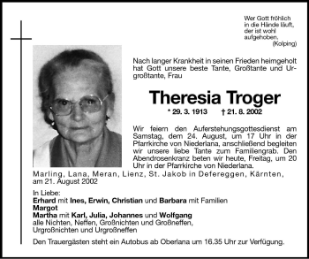 Traueranzeige von Theresia Troger von Dolomiten