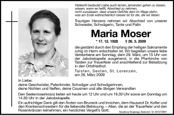 Traueranzeige von Maria Moser von Dolomiten