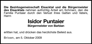 Traueranzeige von Isidor Puntaier von Dolomiten