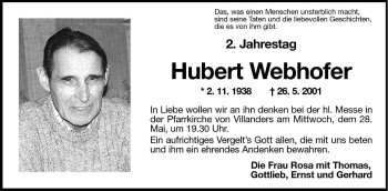 Traueranzeige von Hubert Webhofer von Dolomiten