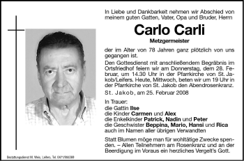 Traueranzeige von Carlo Carli von Dolomiten