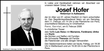 Traueranzeige von Josef Hofer von Dolomiten