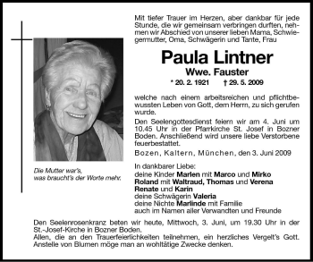 Traueranzeige von Paula Fauster von Dolomiten