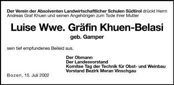 Traueranzeige von Luise Gräfin Khuen-Belasi von Dolomiten
