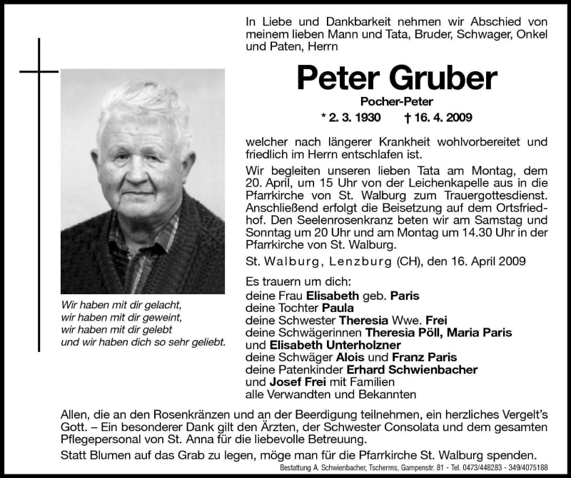  Traueranzeige für Peter Gruber vom 17.04.2009 aus Dolomiten