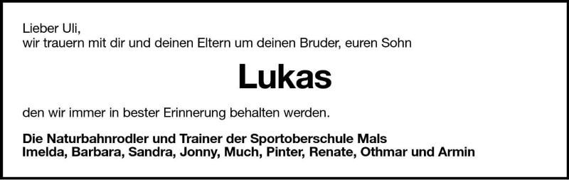  Traueranzeige für Lukas Trenkwalder vom 24.07.2001 aus Dolomiten